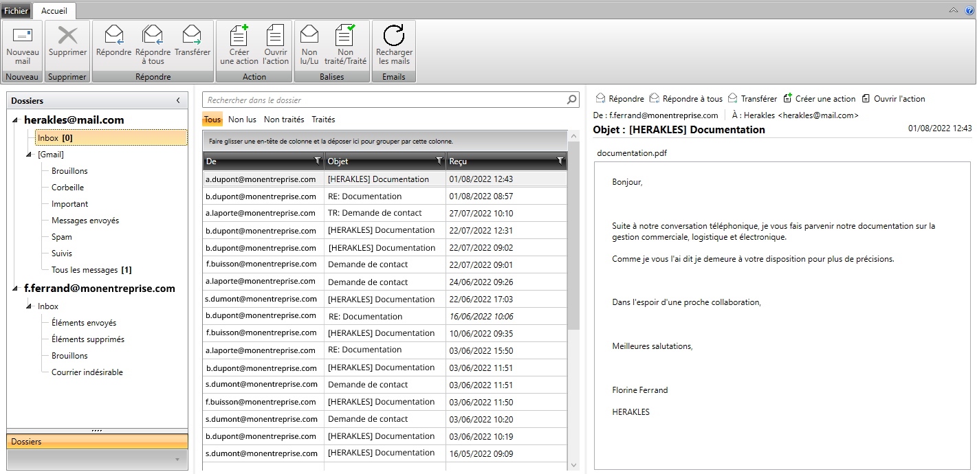 Fenêtre de gestion des emails de l'outil d'envoi de mails HERAKLES 